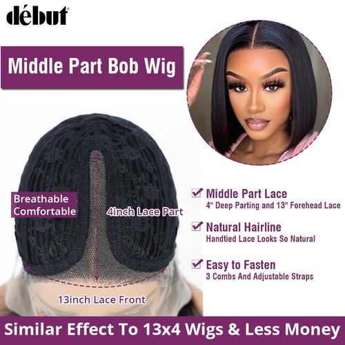 DÉBUT Bob Wig Lace Front Wigs Human Hair Short Bob 10 Inches Middle Part Wigs Brazilian Virgin Straight Hair Natural Color 13x4x1 T Part Wigs for Black Women