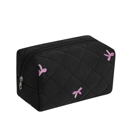 RSRSLEII Small Quilted Cotton Makeup Bag, Aesthetic Cosmetic Bag, Cute Floral Makeup Pouch, Kawaii Trendy Preppy Travel Toiletry Bag for Women and Girls (04 Black Bow)