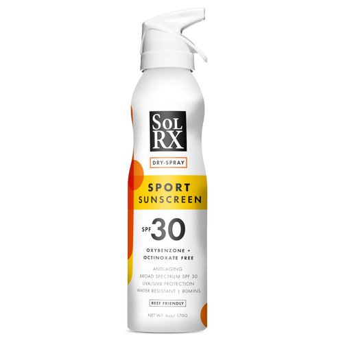 SolRX Sport Sunscreen SPF 30 Dry Spray, 6 oz – Broad Spectrum UVA/UVB, Water & Sweat Resistant, Reef Friendly Formula, Fast-Drying Continuous Sunblock Spray for Active Outdoor Protection