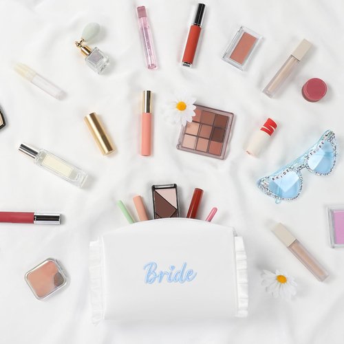 Etercycle Bride Cosmetic Bag, White Satin Bride To Be Makeup Bags Exquisite Embroidery Something Blue Bridal Shower Gifts, Ruffle Toiletry Bag For Engagement Wedding Bridesmaid Bachelorette Party