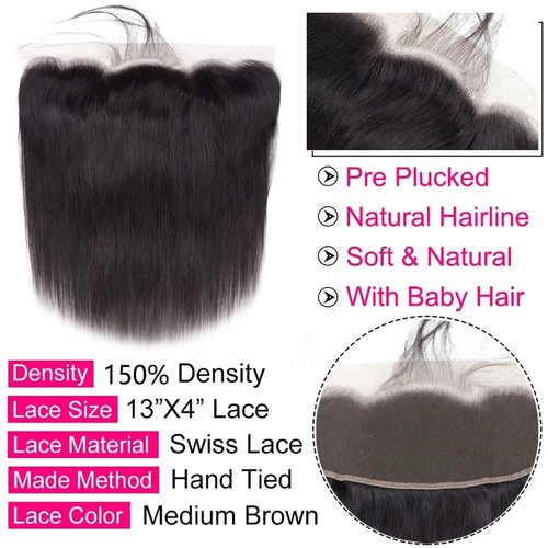 13x4 Ear To Ear Straight Lace Frontal Closure Transparent HD Human Hair With Baby Hair Knots 100% Virgin Remy Human Lace Frontal Closures 150% Density Natural Color (14 Inch,Straight frontal)