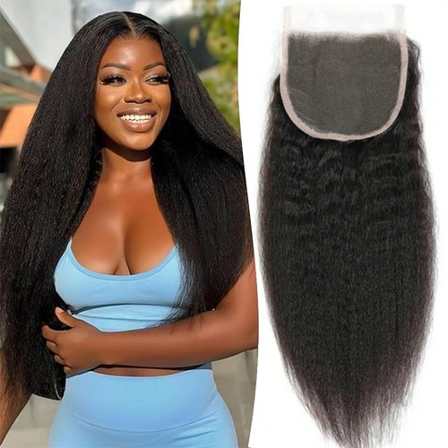 QTHAIR 16A Kinky Straight Lace Closure (14inch) 4x4 Free Part 150% Density Top Swiss Lace Natural Straight Human Hair Closure with Baby Hair