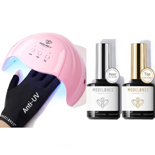 modelones Gel UV LED Nail Lamp with UV Gloves and Gel Top Coat and Base Coat, 2Pcs 10ml Gel Nail Polish No Wipe Top Coat Set, Glossy Shine Long Lasting LED Soak Off For Home DIY and Nail Salon