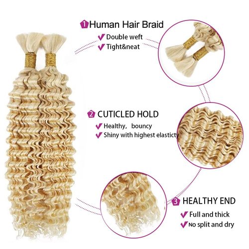 22 22 22 Inch #613 Honey Blonde Human Braiding Hair for Boho Braids 150g Deep Wave Bulk Human Hair Knotless Boho Braiding Deep Curly Virgin No Weft Extensions Bohemian Braids 3 Bundles/Pack Caramel