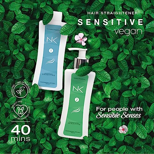 NK Professional Care Sensitive Keratin Hair Straightening Treatment, Vegan, Formaldehyde Free. Kit Steps 1,2,3,4. Sensitive straightening treatment, post-treatment shampoo and restorative mask.
