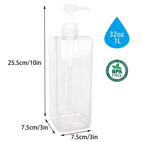 Pump Bottle, Refillable Plastic Empty Lotion Soap Dispenser Liquid Container for Bathroom Shampoo and Body Wash, 32oz/1l Clear 2 Pack