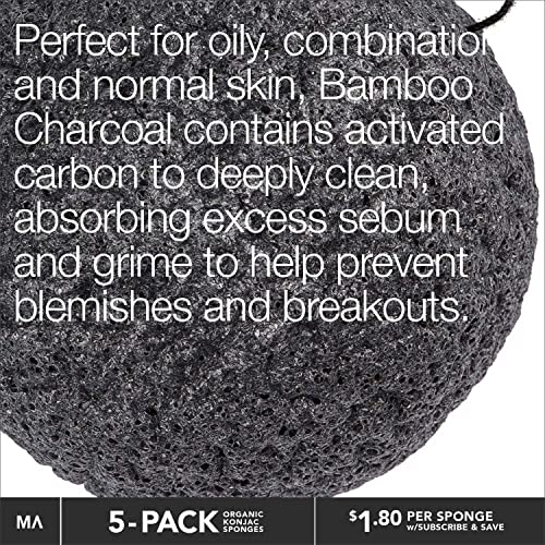 Minamul Konjac Exfoliating Organic Facial Sponge Set, Gentle daily face scrub/skincare, best bamboo activated charcoal, Safe for Oily, Dry, Combination or Sensitive skin, Makeup Remover, 5 pack