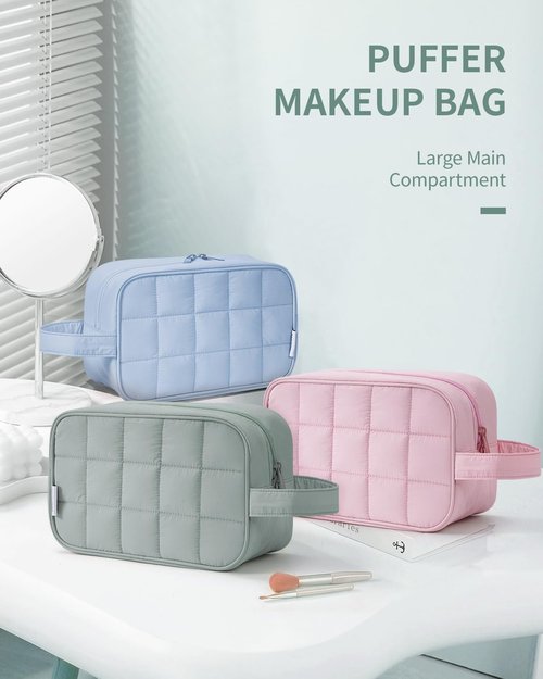 Narwey Quilted Makeup Bag Puffy Make up Bag Cosmetic Bag Organizer, Puffer Travel Toiletry Bag for Traveling Women Girl, Travel Bag for Toiletries, Skincare Medicine Bags (Sage Green)