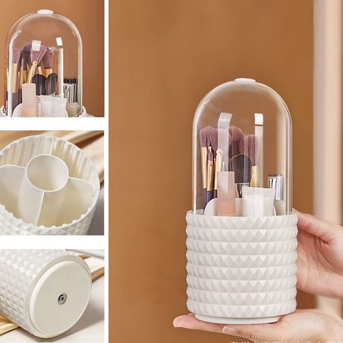 Makeup Brush Holder Organizer with Lid,360° Rotating Dustproof Make Up Brushes Container with Clear Acrylic Cover, Spinning Cosmetics Holders Storage Cup with 5 Compartment for Vanity and Bathroom