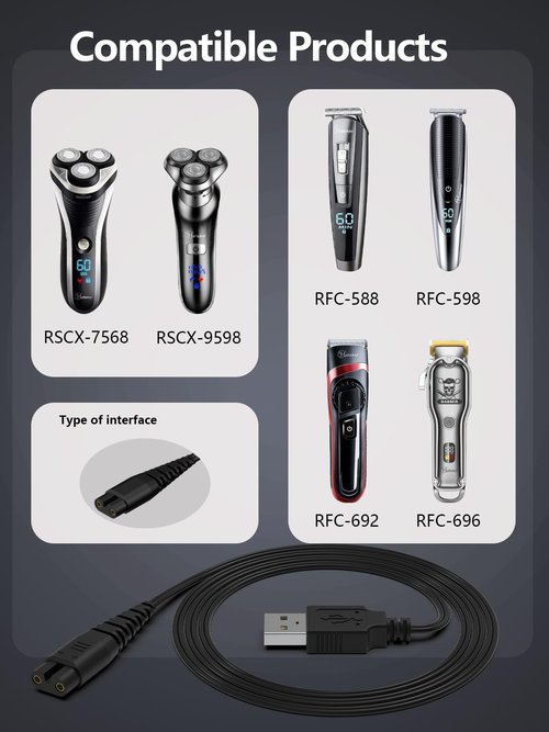 USB Charger Cord Compatible with Hatteker Cordless Pro Hair Clippers Beard Trimmer RFC-588 RFC-598 RFC-690 RFC-692 RFC-696 RSCX-7568 RSCX-9598 Shaver Razor Power Charging Cable Replacement Black 5FT
