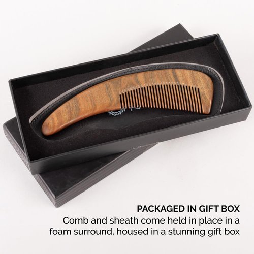 ZEUS Curved Sandalwood Beard Comb in Gift Box, Premium Grooming Essential with Sheath for Men’s Beard & Hair (M31)