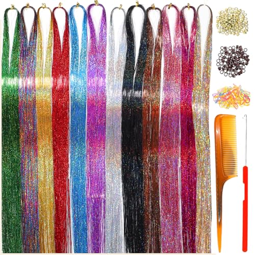 Hair Tinsel Tools Kit,Fairy Hair Strands for Women & Girls,Easy Apply Hair Highlights for Party, Festival & Daily Use (12 Colors+Tools, 47 Inches)