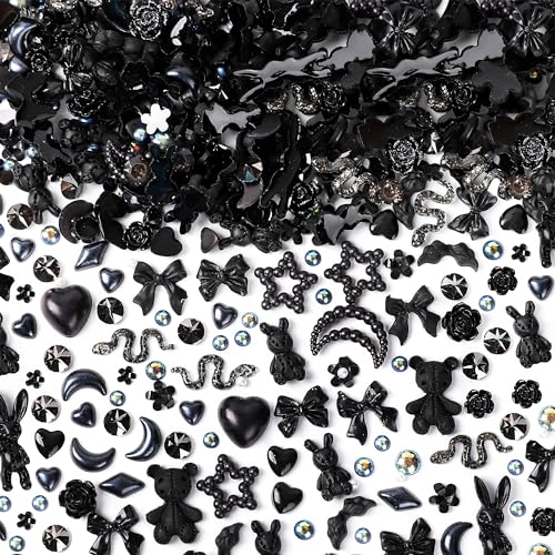 110 Pieces 3D Nail Charms for Acrylic Nails, Camellia Rose Flower Butterfly Bowknot Heart Bear Rabbit Star Charms for Nail Art Designs DIY Accessories Craft(Black+2)