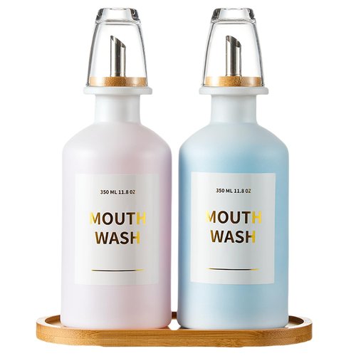 MUVEKA Glass Mouthwash Dispenser for Bathroom, 11.8oz Mouthwash Holder with Stianless Steel Spouts, Mouthwash Decanter with Bamboo Holder, Refillable Cups, Reusable Funnel, Golden Stickers
