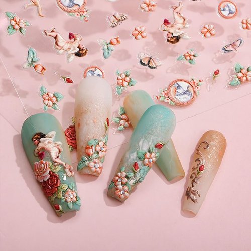 Zoance Embossed Angel Nail Stickers, 5D Stereoscopic Self-Adhesive Flower Baby Nail Decals Baroque Nail Art Stickers for Women Girls Nail DIY Manicure Decoration