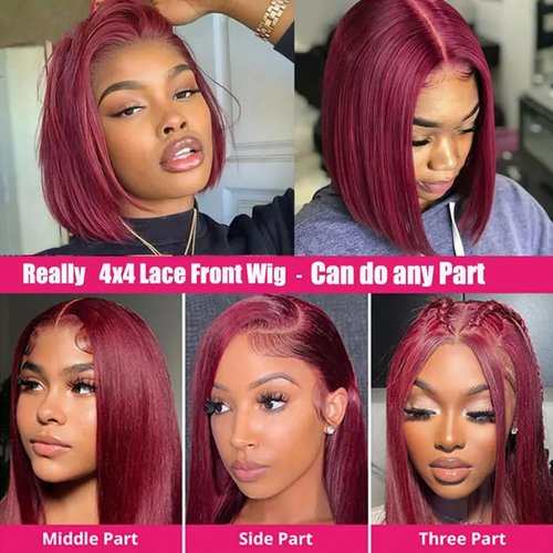 Jinhongze Burgundy Bob Wig - 4x4 Lace Front Bob Wig for Black Women - Glueless & Pre-Plucked - 150% Straight - 10 Inch