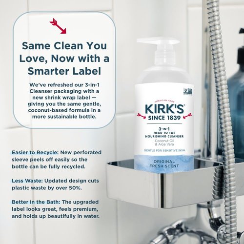 Kirk's 3-in-1 Head to Toe Nourishing Liquid Cleanser & Travel Size Bar Soap - for Men, Women & Children - Premium Coconut Oil and Aloe Vera- Non GMO & Vegan -Original Fresh Scent - 32 Fl Oz. 2 pack