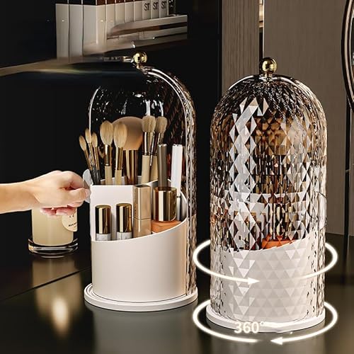 Makeup Brush Holder Organizer with 360¡Æ Rotating Lid Dustproof Makeup Brushes Organizer for Vanity Desktop Bathroom Countertop Clear Cover Easy Visibility (Black)