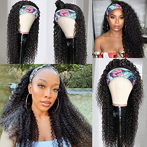 Eooma Curly Headband Wig Human Hair Glueless Wigs for Black Women 22 inch Briazilian Scarf Wig No Gel Remy Curly None Lace Front Wigs Human Hair