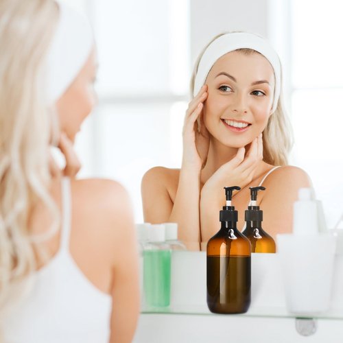 Sliner 6 Pcs Plastic Shampoo and Conditioner Dispenser Bottles 16.9 oz Shower Bottles with Pump 12 Labels and 1 Silicone Funnel Reusable Hand Soap Containers for Bathroom Shower(Amber)