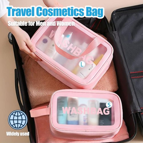 YIMIKE Travel Toiletry Bag,Clear Makeup Bag,Cosmetics Bag,Transparent Skin Care Bag,Waterproof & Draining Make up Bags,PVC Toiletry Organizer Thickened Wash Bag for Women Men (Small-Pink)