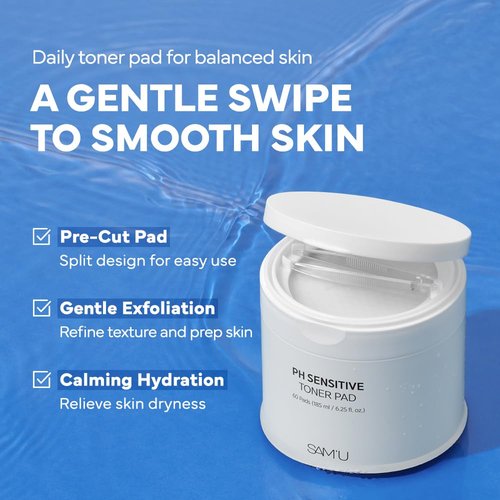 SAM’U PH Sensitive Toner Pad – Splitable Dual-Textured Vegan Facial Exfoliating Pads with Hyaluronic Acid & Panthenol for Daily Hydration & Soothing - Korean Skin Care (60 Pads)