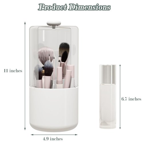 Zufudo Makeup Brush Holder with Dustproof Cover, Clear 360 Rotating Make Up Brushes Organizer for Counter Vanity Bathroom, White