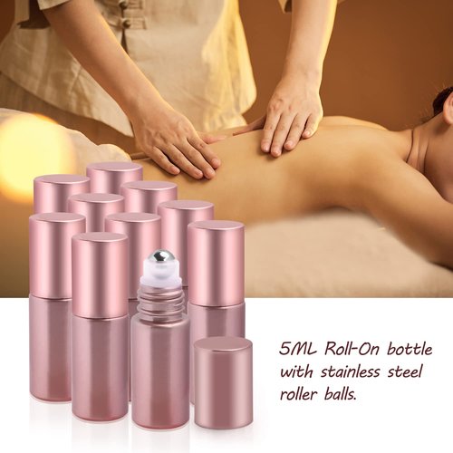 BOSMIOW 10Pcs Essential Oil Roller Bottles,5ml Pink Glass Roll-on Bottles with Stainless Steel Roller Ball for Perfume Sample,Deodorant,Lotion