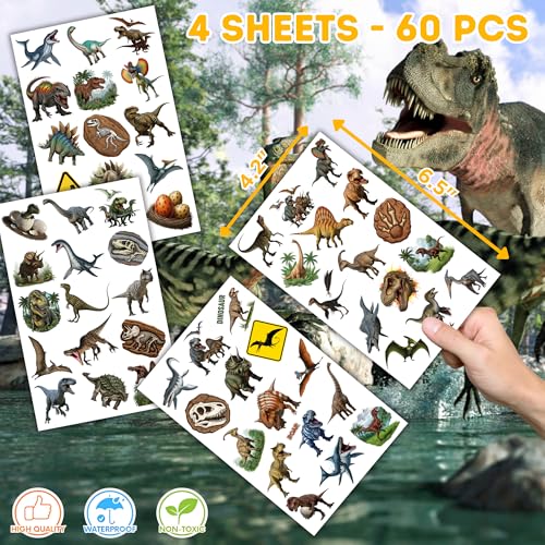 60PCS Dinosaur 3D Temporary Tattoos - Waterproof Temporary Tattoo Stickers for Birthday Decorations, Party Supplies, Party Favors, School Rewards Gifts