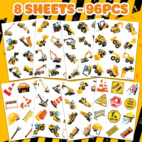 96 PCS Construction Car Truck Pre-Cut Temporary Tattoos for Kids | Super Cute Themed Birthday Party Favors, Supplies, Decorations, Fake Tattoo Stickers (multiple)