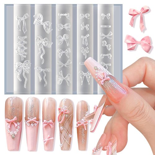 Bowknot Silicone Nail Molds, 3D Gel Nail Art Sculpture Bow Mold DIY Bow Charms for Nails Design Silicone Molds Cute Bows Nail Template Stencils Reusable Manicure Carved Mould Resin Mold