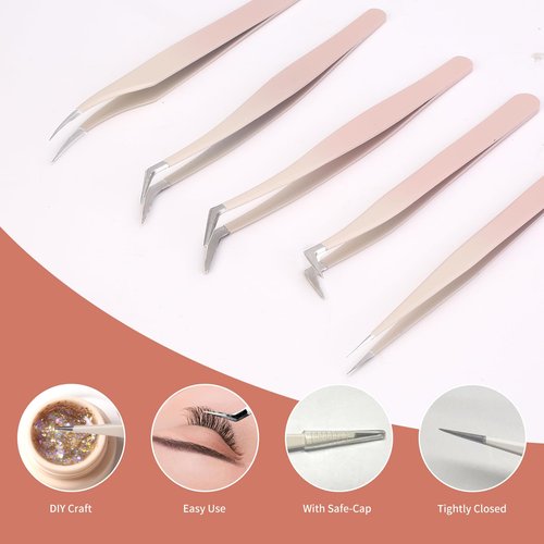 Rnodoilkfly 5 Pcs Lash Extension Tweezers, Lash Tweezers for Eyelash Extension, Straight and Curved Eyelash Tweezers, For Professional Eyelash Extension Artists, Girls, Women, Beginners