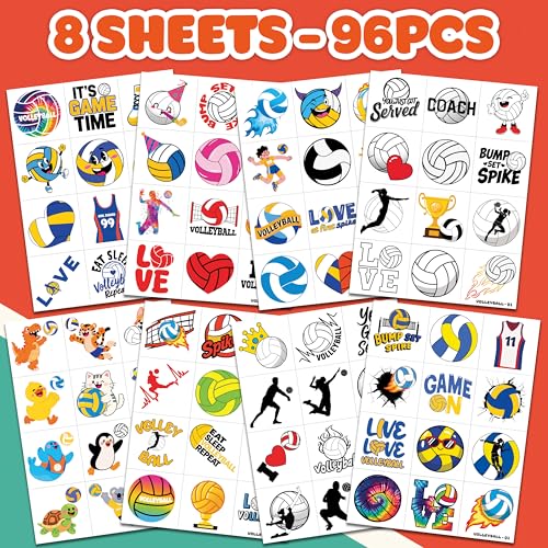 96 PCS Volleyball Sports Pre-Cut Temporary Tattoos for Kids | Super Cute Volleyball Themed Birthday Party Favors, Supplies, Decorations, Fake Tattoo Stickers, School Rewards & Gifts for Boys & Girls
