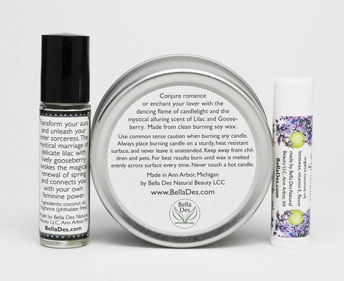 Lilac & Gooseberry Gift Set | Perfume with Soy Candle Tin and Lip Balm | Full Size Products | Yennefer Scent of a Sorceress by Bella Des Natural Beauty