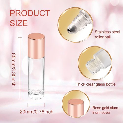 BOSMIOW 10ml(1/3oz) Glass Roller Bottles 20 Packs Glass Essential Oil Roll On Bottles for Perfume Aromatherapy with Stainless Steel Roller Balls