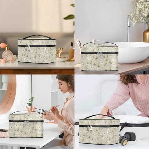FZDXZJJ Makeup Travel Bag Organizer Toiletry Bag for Women Portable Cosmetic Storage Case with Handle, Large Capacity Lightweight Toiletries Brush Zipper Bag - Daisy