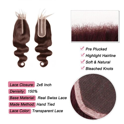 Brown 2x6 Closure Body Wave #4 Chocolate Brown Virgin Human Hair Middle Part 150% Density Hd Transparent Brazilian Kim K Lace Closure With Baby Hair 14 Inch