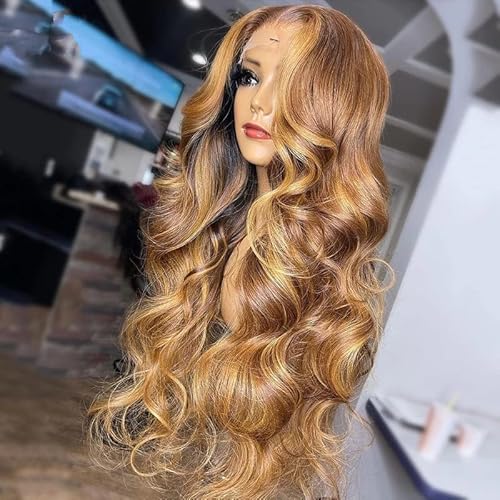 Transparent 13x6 HD Lace Front Wigs for Black Women Body Wave Ombre Highlight Brown with Honey Blonde Color 180% Density Pre Plucked Hailine and Bleached Knots (26Inch, 13x6 Lace Front Wig)