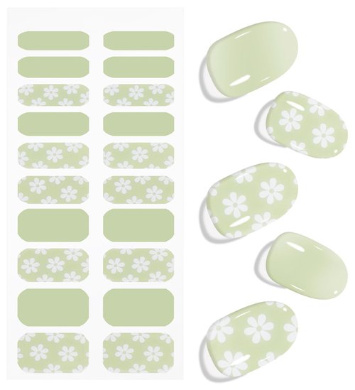 JMEOWIO Gel Nail Stickers White Flower Light Green Semi Cured Gel Nail Strips Wraps UV/LED Nails Art Design Decoration Accessories