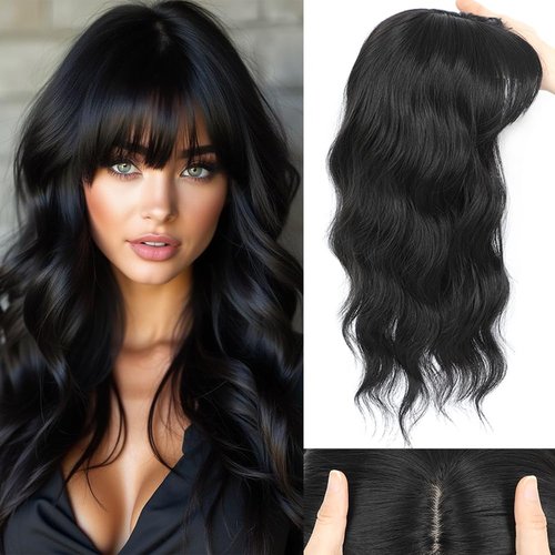 HAITOO Hair Toppers for Women, 18 Inch Toppers Hair Pieces for Women with Thinning Hair Wispy Clip in Bangs 360° 3D Big Coverage Base Curly Wavy (Black, 18Inch Wispy bangs)