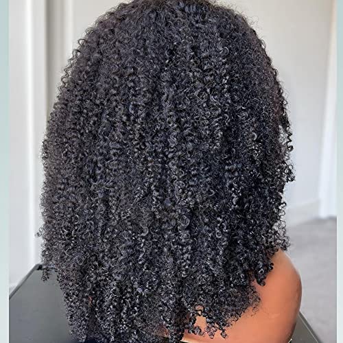 Full 200 Density Afro Kinky Curly Human Hair Wig With Bang Brazilian Virgin Afro Coily Wigs Bangs For Black Women Machine Scalp Top Wig Glueless 16inch