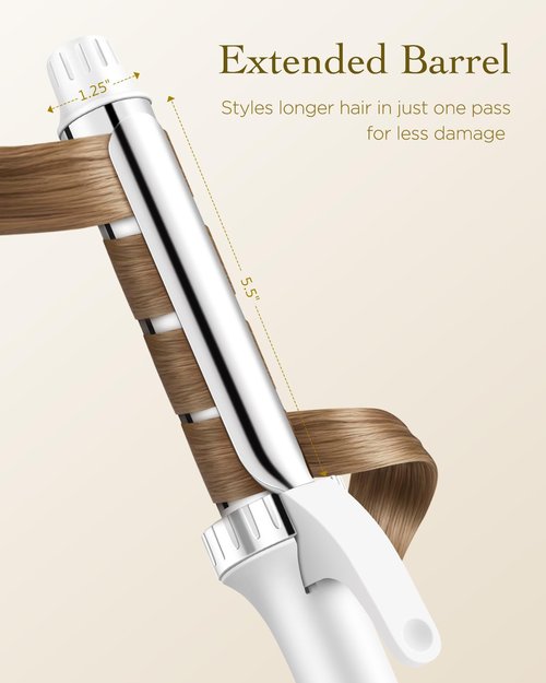 Titanium Curling Iron 1 1/4 Inch, Curling Wand with Clamp for Long Hair, Extra Long Barrel, Dual Voltage, 30s Fast Heating, 5 Temperatures, Auto Shut-Off, Silver+White
