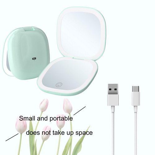 YABAHU Makeup Mirror with Lights - Dual-Sided Green LED Pocket Mirror, 1X/5X Magnifying Travel Mirror, 3 Light Modes, Rechargeable Handheld Mirror for On-The-Go Makeup, Grooming, and Gifts