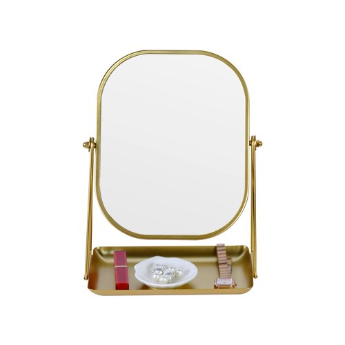 Tstarer 360 Degrees Rotating Metal Makeup Mirror with Storage, Vanity Mirror for Desk, Bathroom, Bedroom, Dressing Table (Gold)