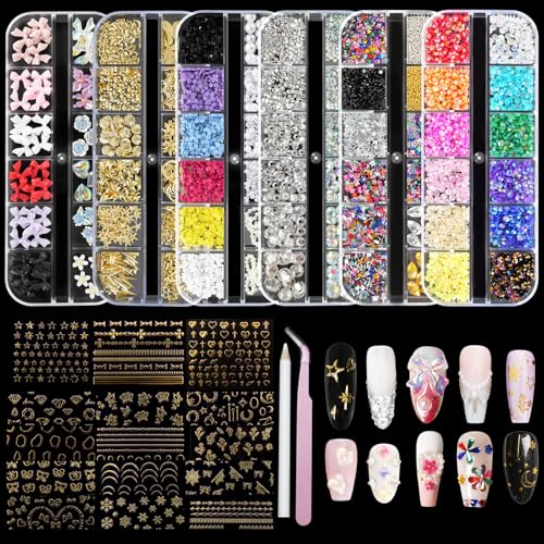 6 Boxes Nails Charms, 15 Sheets Gold Stickers, Shiny Colorful Nail Art Rhinestones Kit, 3D Nail Gems, Decals, Stickers and Pearls, Dotting Tools, DIY Accessories, Nails Decoration