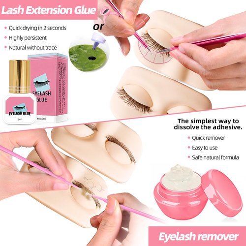 DNSGOOR Lash Extension Kit Professional Eyelash Extensions Supplies Training for Beginners Mannequin Head Grafting Lash USB Fan Lash Shampoo Brush Spraye 0.07D Curl Mix 8-15mm Practice Eyelash Strips