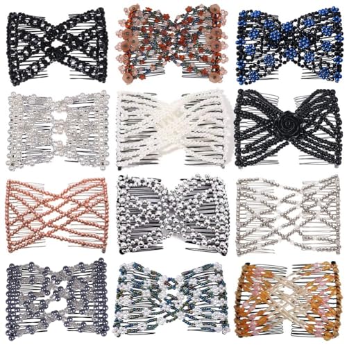 Ruihfas 12 PCS Magic Hair Side Combs Beaded Stretch Double Hair Side Combs Clips Bun Maker Hair Pins Hair Accessories for Women Curly Thick Wavy Hair Ponytail (Random Styles and Colors)