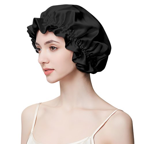 SILKTALE Silk Bonnet Hair Wrap for Sleeping,Pure Mulberry Silk Sleep Bonnet Night Cap for Women/Men,Double Layer 19 Momme Ruffle100% Natural Silk Head Turban for Curly Hair, Black