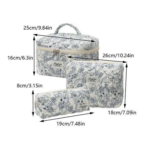 Quilted Makeup Bag Set 3 Pcs Cotton Cute Makeup Bags For Women Large Aesthetic Floral Cosmetic Bag Coquette Flower Makeup Pouch