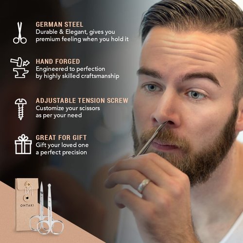 Ontaki Curved & Rounded Men's Facial Hair Scissors - Silver Ambidextrous - Beard, Nose & Eyebrow Grooming with Professional Beard, Nose Hair & Eyebrow Scissors for Men